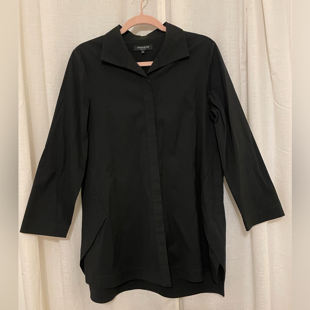 Lafayette 148 Classic Cotton Button Blouse in Black - Picture 3 of 7